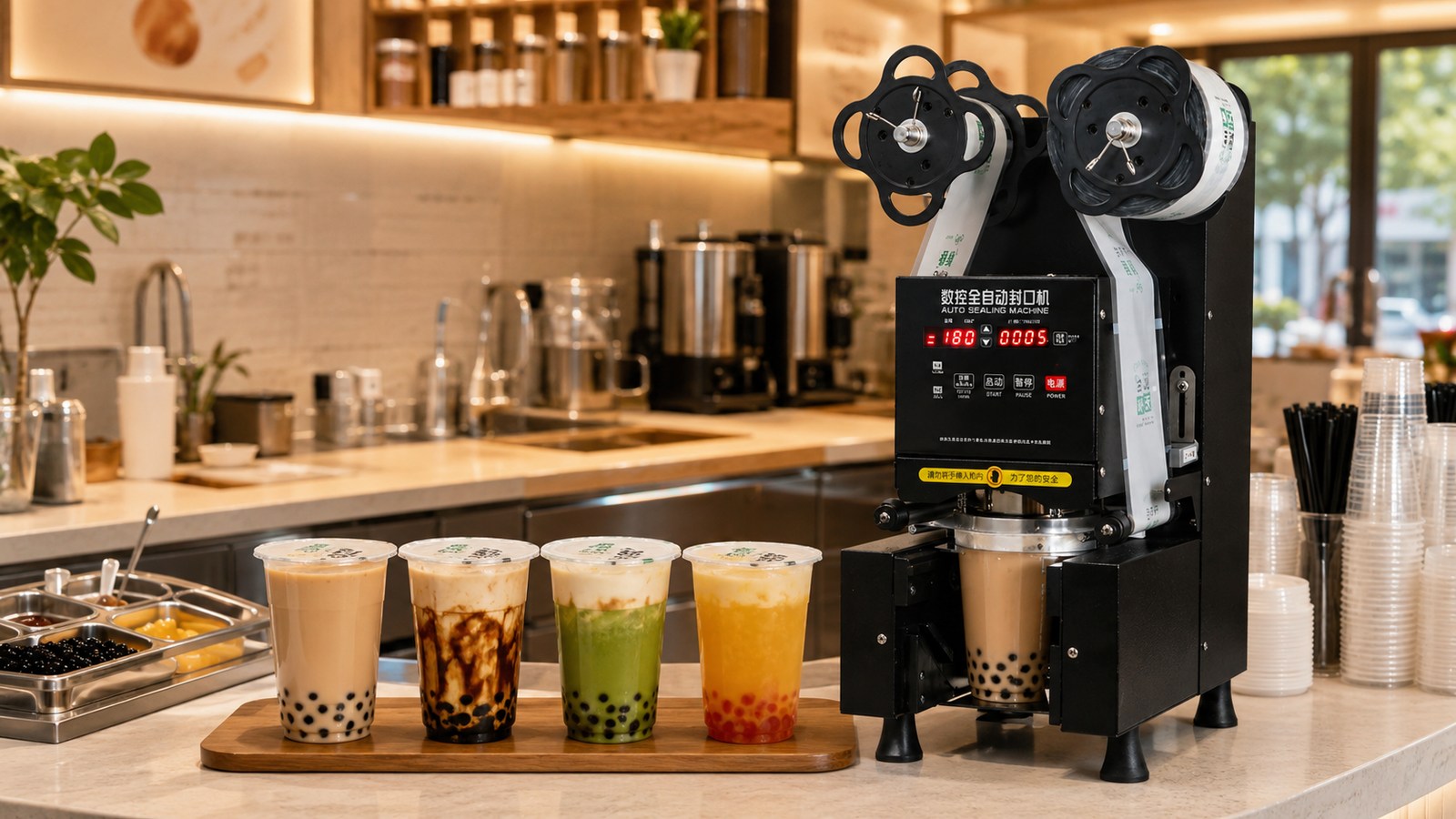 Automatic cup sealing machine in a bubble tea shop